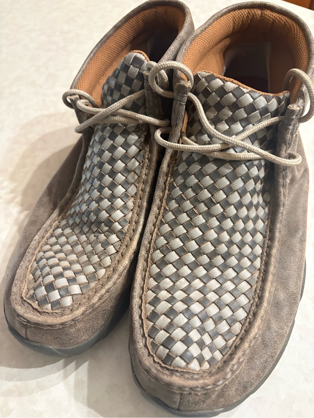 Twisted Taupe Woven Leather Chukka Boots. 10-1/2 - Picture 2 of 9
